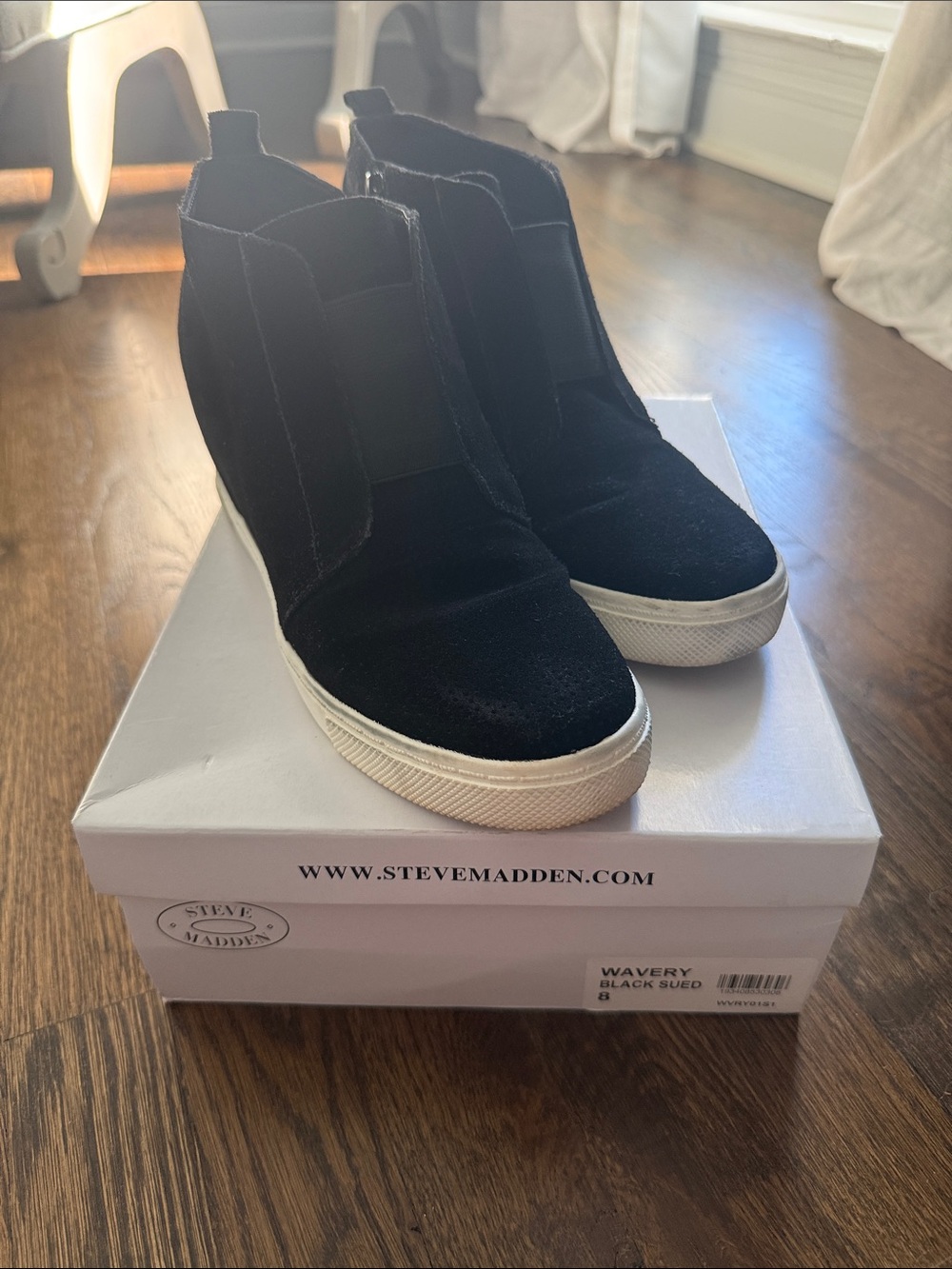 Steve Madden Wavery Black Suede Slip-On Wedge Sneakers with White Sole